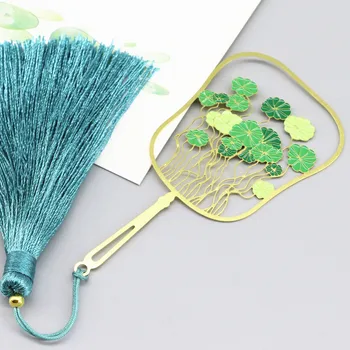 1 шт., медная трава зеленого цвета, латунная кисточка, креативные металлические закладки в китайском стиле, веерная закладка с полой точкой
