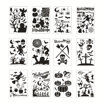 12шт многоразовых трафаретов для рисования на тему Хэллоуина для пола, настенной плитки и мебели