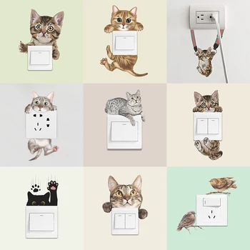 9 Стилей, наклейки на выключатель с милым мультяшным котом, наклейки на стены, домашний декор, животные, наклейки на стены, Декор комнаты, Обои, паста для розеток