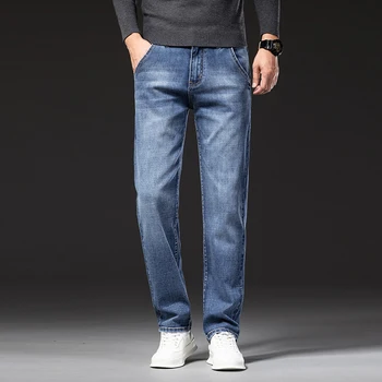 Большие размеры 40 42 44, мужские деловые модные прямые джинсы, Классический стиль, деловые повседневные джинсовые брюки свободного кроя, мужские брендовые брюки