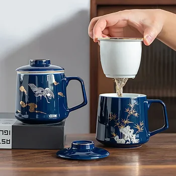 Бытовая керамическая чашка из трех частей, кружка с золотой росписью и крышкой, фильтр для чая, отдельная чашка для заваривания чая