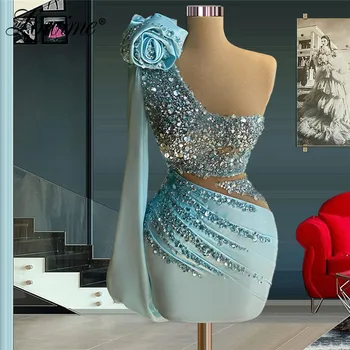 Вечернее платье с бисером и кристаллами на одно плечо, женские коктейльные платья 2021, Короткие вечерние платья с цветами ручной работы для выпускного вечера.