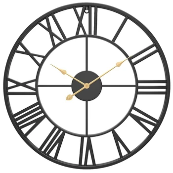 ГОРЯЧАЯ РАСПРОДАЖА Настенных часов, Ретро Аналоговые Часы из черного металла с древнеримскими цифрами, бесшумный кварцевый механизм, настенные часы для домашнего декора