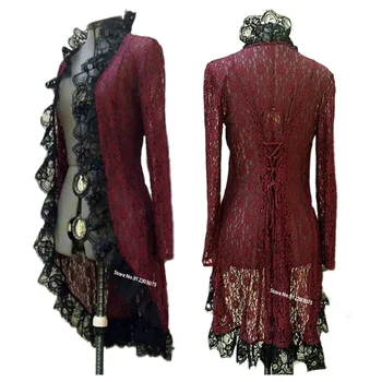 Женская Пиратская куртка со средневековым готическим воротником-стойкой в стиле стимпанк, сексуальный кружевной костюм с длинным рукавом на Хэллоуин, винтажный Смокинг, длинное пальто