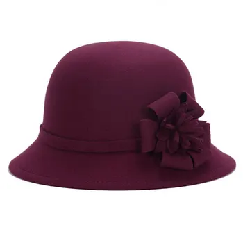 Женская панама, винтажная элегантная шляпа-котелок из фетра с цветочным рисунком, осенне-зимняя модная имитация шерсти с широкими полями, праздничный теплый клош, круглый