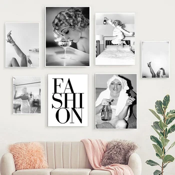 Женщина, пьющая шампанское в постели, черно-белый модный плакат с принтом, Фото, Забавные настенные рисунки невесты, декор кухни в комнате для девочек