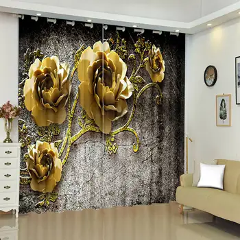 Занавеска из розовых стеблей и листьев, Роскошная Золотистая полиэфирная ткань Pongee, Современная занавеска для спальни, кухни, домашнего декора, 2 панели