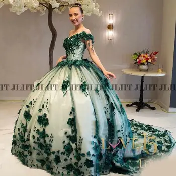 Изумрудно-Зеленое Бальное Платье С 3D Цветами, Пышные Платья С Открытыми Плечами, Корсет С Цветочными Аппликациями Для Вечеринки Sweet 15 Girls