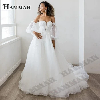 Классическое свадебное платье HAMMAH Bling для женщин 2023 невесты, фатиновая молния трапециевидной формы, съемные рукава, шлейф, Vestidos De Novia