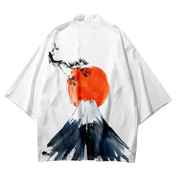 Комплект Японского кимоно и шорт, рубашка, блузка, Юката Хаори, Оби, Летний мужской кардиган с белым принтом, одежда самурая