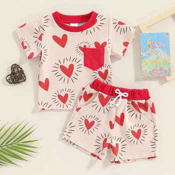 Комплекты Летней одежды для маленьких девочек для новорожденных, футболка с круглым вырезом и короткими рукавами с принтом в виде сердца, Шорты, одежда для младенцев