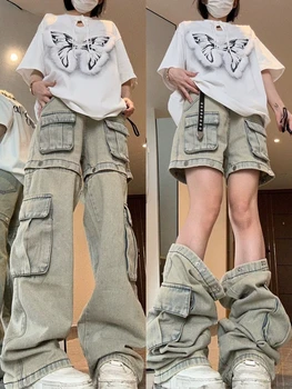 Коричневые джинсы для рабочей одежды в американском стиле со съемным дизайном, женские уличные брюки с прямыми штанинами в стиле ретро, джинсы y2k jeans