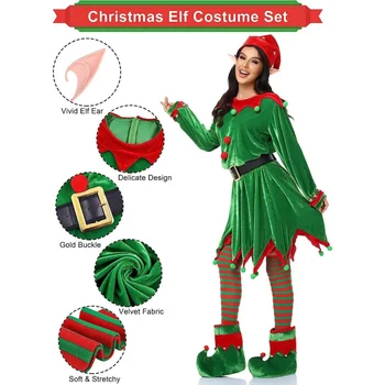 Костюм рождественского эльфа для взрослых, бархатное платье с капюшоном, праздничная вечеринка, семейные комплекты, Новогодние комплекты одежды для косплея