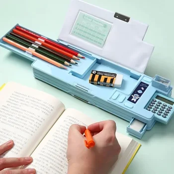 Креативная многофункциональная пластиковая коробка для канцелярских принадлежностей для учащихся начальной школы, Двусторонняя магнитная точилка для калькулятора карандашей