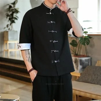 Летний топ с вышивкой журавля, Традиционная китайская одежда для мужчин, Винтажные льняные рубашки с коротким рукавом, воротник Мадарин, Hanfu Kungfu