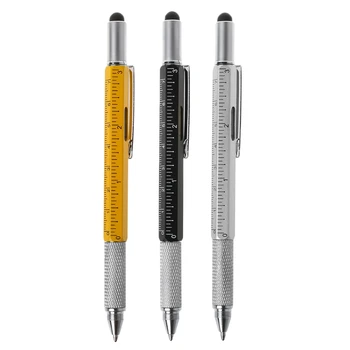 Металлическая ручка 6 в 1 Многофункциональный инструмент Шариковая Ручка Отвертка Линейка Спиртовой Уровень W3JD