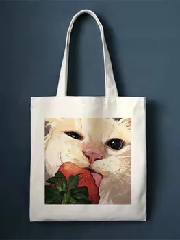 Милая кошечка Холщовая сумка с принтом милой Кошки Harajuku Сумка на одно плечо Студенческая модная Ручная сумка для покупок