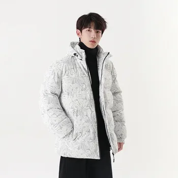 Мужская зимняя пуховая куртка, утепленное хлопчатобумажное пальто с капюшоном, мужские парки на молнии с принтом листьев, универсальные свободные куртки в корейском стиле