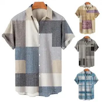 Мужская рубашка с короткими рукавами и лацканами, геометрический принт, пуговицы, впитывающая пот, Дышащая повседневная полосатая рубашка с гавайским принтом Str