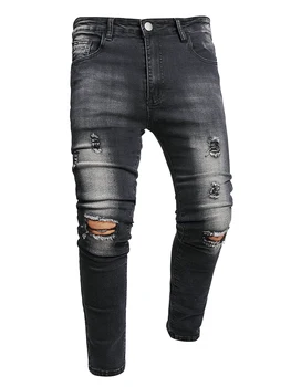 Мужские Эластичные Рваные Обтягивающие байкерские джинсы С разрушенной дырой, Облегающие джинсовые Поцарапанные Мотоциклетные брюки, Серая Потертая Уличная одежда