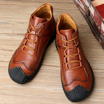 Мужские кожаные ботинки с высоким берцем и замшей, теплая повседневная обувь ручной работы, уличная модная износостойкая удобная обувь на плоской подошве