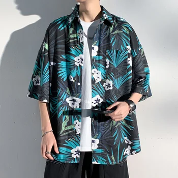 Мужские рубашки в цветочек из тонкого шелка с коротким рукавом, летние Гавайские модные пляжные блузки, Повседневная свободная мужская одежда