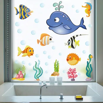 Мультяшные ПВХ Наклейки Украшение детской комнаты Океанская рыба с рисунком Дельфина Декоративные наклейки на стены Стеклянные наклейки для ванной комнаты
