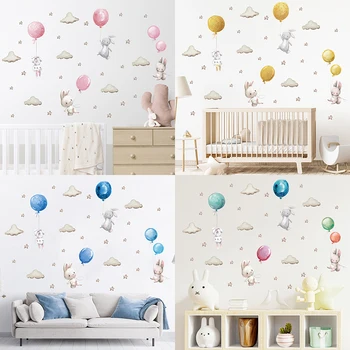 Мультяшный кролик, воздушные шары, звезды, наклейки на стены, украшение детской комнаты, наклейки на стены для детских комнат, наклейки с кроликами для детской комнаты