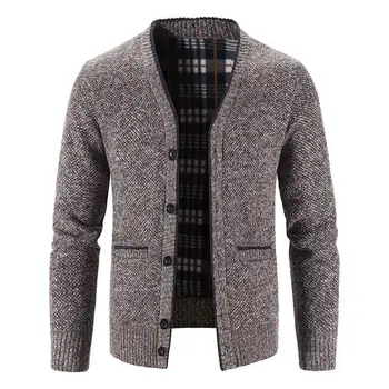 Новый осенний мужской утолщенный кардиган с V-образным вырезом, однотонный свитер, вязаное пальто