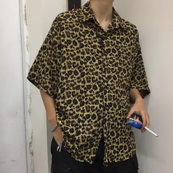 Однобортная мужская рубашка с лацканами, коротким рукавом, накладным карманом, летняя повседневная рубашка с леопардовым принтом, уличная одежда