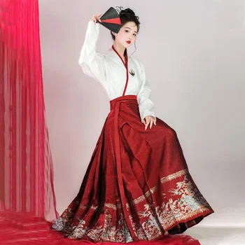 Оригинальная зеленая юбка с лошадиным лицом в стиле династии Мин; комплект женского платья Hanfu в традиционном китайском стиле; элегантная винтажная рубашка 2 шт./компл.
