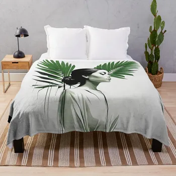 Пальмовый лист и женщина - Тропический минимализм, плед, одинарное одеяло, одеяло с ворсом, одеяло на зиму, пушистое одеяло