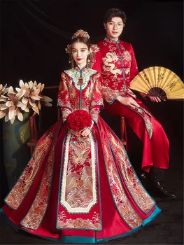 Пара Чонсам в китайском стиле, Традиционная вышивка Феникса, Восточное свадебное платье Ципао, халат Vestido, Размер S-2XL