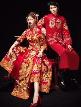 Пара с золотисто-красной вышивкой, современное китайское свадебное платье, Длинная традиционная одежда из Китая Ципао китайская одежда