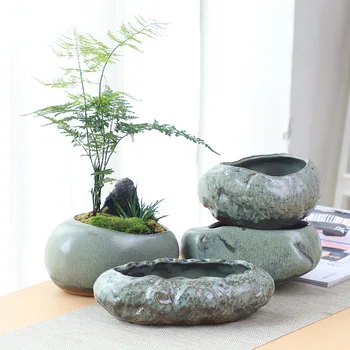 Ретро керамический маленький цветочный горшок, креативный настольный домашний сочный зеленый завод Вэньчжу, посуда в горшках, китайский сад ручной работы