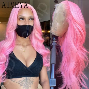 Розовый парик AIMEYA, синтетический Парик на кружеве, объемная волна, натуральная линия роста волос, парики на кружеве для женщин, Термостойкие, для косплея, для вечеринок
