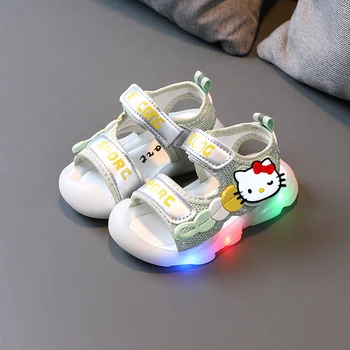 Сандалии с подсветкой Sanrio Hello Kitty для мальчиков и девочек, летняя новинка 2021 года, детская обувь на мягкой подошве, детская пляжная обувь со светодиодной подсветкой