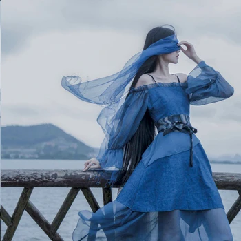 Синее кимоно, Японские традиционные платья для женщин, вуаль, пояс Оби, Летняя юбка на подтяжках, Сказочное платье Юката, однотонное платье с открытыми плечами,