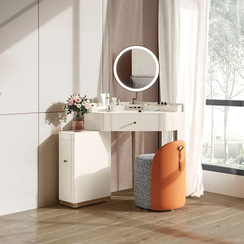 Современный туалетный столик, угловой столик для макияжа, с зеркалом со светодиодной подсветкой для мебели спальни белого цвета