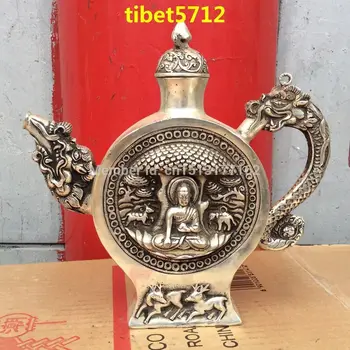 Тибетская классическая статуя Будды Дракона с серебряным покрытием бутылка горшок высотой 24 см Статуя Исцеляющего Будды с бронзовой отделкой высотой 24 см.