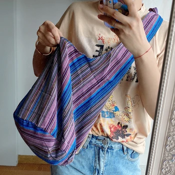 Холщовые полосатые женские сумки-мессенджеры в этническом стиле бохо, модная сумка через плечо, женские сумки через плечо большой емкости, винтажная хозяйственная сумка