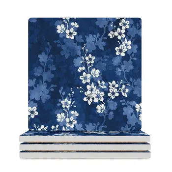 Цветок сакуры в темно-синих Керамических Подставках (Квадратных) милый кухонный коврик для кружек плитка для кофейных кружек Подставки