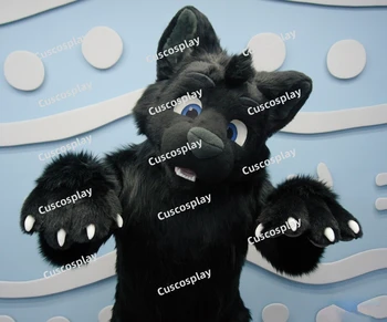 Черная меховая лиса Собака Хаски Костюм талисмана Пушистый костюм Fursuit на Хэллоуин Рождество Подарок на День рождения