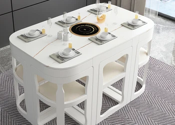 небольшое домашнее хозяйство, легкий роскошный круглый стол, современная и простая электромагнитная плита, невидимый и энергосберегающий обеденный стол